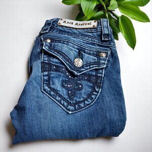 Rock Revival Heather Boot Cut Jeans Size 27 Y2K Sequin Back Pockets Fleur-de-Lis